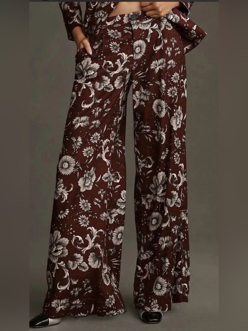 Anthropologie Plus Wide Leg Floral Linen Blend Pants Sz 16 Tall Boho Resort